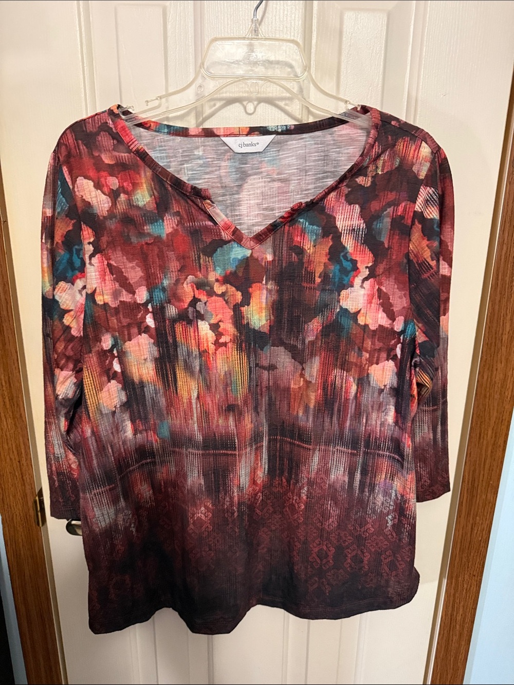 CJ Banks Burgundy Multi Floral V-Neck Long Sleeve Top No size tag
